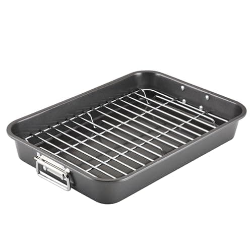 Farberware Bakeware Nonstick Steel Roaster with Flat Rack, 11-Inch x 15-Inch, Gray