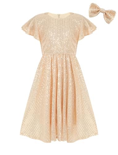 EXARUS Girls Sparkly Dresses A-Line Ruffle Sleeve Glitter Sequin Sparkle Sequance Crew Neck Mini Dress Champagne Gold 12Y