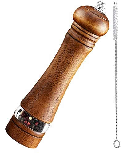 TooWoom Pepper Grinder Salt Grinder Wooden Pepper Mill Grinder w/Adjustable Coarse, 8 inch Tall Wood Refillable Manual Pepper Grinder Mill Peppermill for Black Peppercorn, Easy Clean w/Cleaning Brush