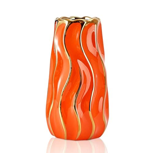 OTARTU Ceramic Vase, Orange Vase for Home Decor,Decorative Flower Vase, Vertical Stripe Ceramic Vases for Home Décor, Bedroom, Office, Living Room, Bathroom, Tabletop Decor, Centerpiece (Orange)