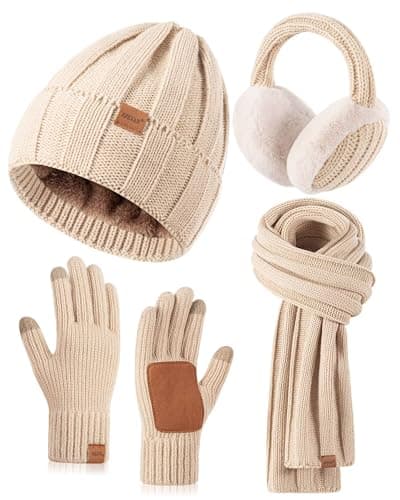 Winter Hat Gloves Scarf Earmuffs Set for Women, Fleece Lined Beanie Long Knit Neck Scarf Touchscreen Gloves Adjustable Ear Warmer, 4 in 1 Fashionable Warm Gift Set for Cold Weather-01 Oatmeal