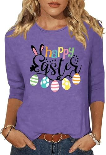 Woffccrd Womens 3/4 Sleeve Happy Easter Colorful Eggs T-Shirts Crew Neck Spring Graphic Tee Tops (XL,Egg Purple)