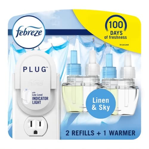 Febreze Plug In Air Fresheners, Linen & Sky Scent, Odor Fighter for Strong Odors, 1 Warmer + 2 Oil Refills- Pack of 2