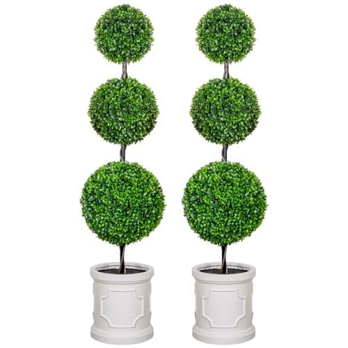 VIVATREES 4FT Artificial Triple Ball Topiary Trees with Roman Style Vintage White Planter Pot, Outdoor Indoor Realistic Faux Shrubs Plants, Fake Trees for Home Offices Porch Decor, Set of 2