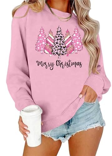 CAZYCHILD Christmas Sweatshirt for Women Merry Christmas Shirt Xmas Tree Long Sleeve Vacation Pullover Christian Tops Pink
