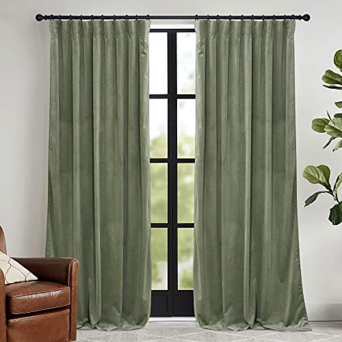 RYB HOME Sage Green Velvet Curtains 84 inches, Room Darkening Super Soft Velvet Drapes with Pleat Tape for Living Room, Thermal Insulated Window Treatment for Bedroom, W52 x L84 inch, 2 Panels