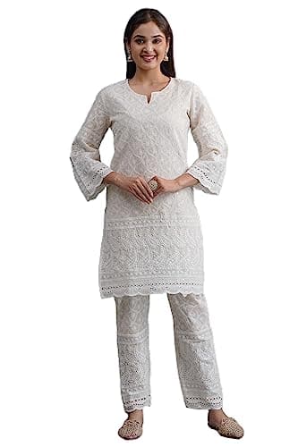 MAGHMA Cotton Chikankari Summer Large Kurti for Women Style Lucknowi Dress White Kurti and Pant Set (L)