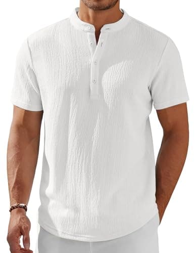 COOFANDY Men's White Henley Shirt Short Sleeve Band Collar Summer Casual Beach Wedding Vacation T-Shirts