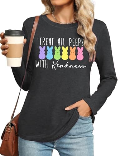 Easter Shirt for Women: Happy Easter Shirts Bunny Shirt Cute Rabbit Graphic T Shirts Casual Long Sleeve Tee Tops(DarkGrey1, Medium)