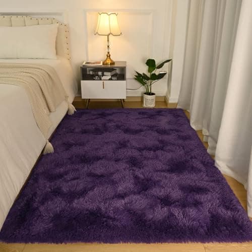 Softlife Dark Purple Area Rug for Bedroom, Fluffy Shag Plush 3x5 Rugs for Living Room Girls, Shaggy Throw Soft Fuzzy Small Kids Carpet for Dorm Bedside Ultra Cozy Non-Slip Indoor Decor