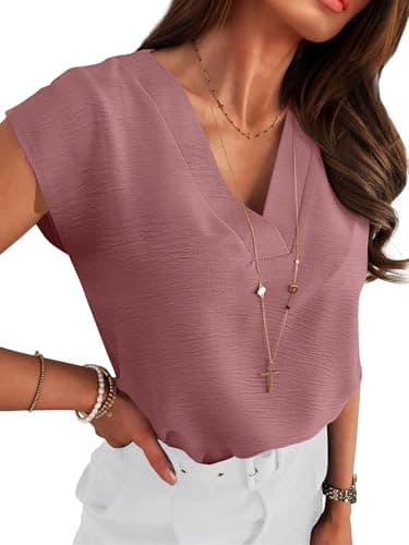 ANRABESS Women Tops Cap Sleeve Textured Dressy Casual V Neck Shirts 2025 Summer Business Work Blouses Outfits Dusty Rose Large