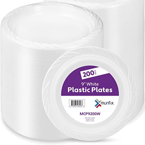 Munfix 200 White Plastic Plates Set - 9 Inch Plastic Dinner Plates, Disposable Plates Bulk Pack, Party Plates for BBQ, Picnic, Parties, Travel and Events, Microwavable Recyclable