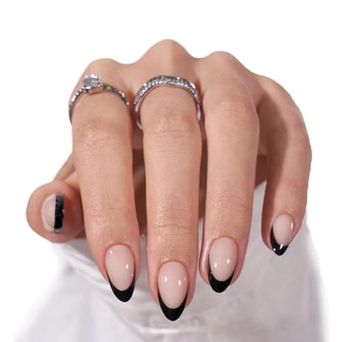 BTArtbox French Tip Press On Nails, Almond, Supremely Fit, Natural, Reusable Short Glue/Stick On Nails for Women Gift in 16 Sizes, Black French, 32 Fake Nails Kit