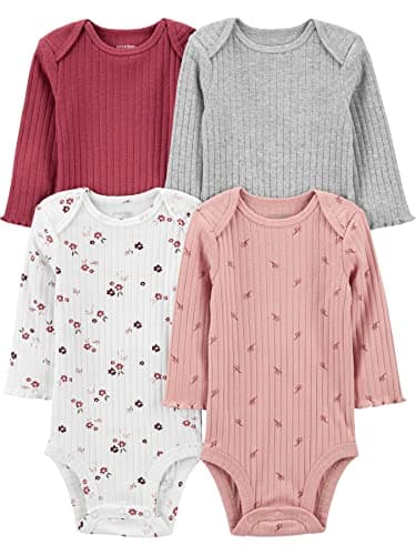 Simple Joys By Carter's Unisex Baby 4-pack Long-sleeve Pointelle Bodysuits Bodystocking, Dusty Pink/Grey/Light Burgundy/White Floral, 12 Months US