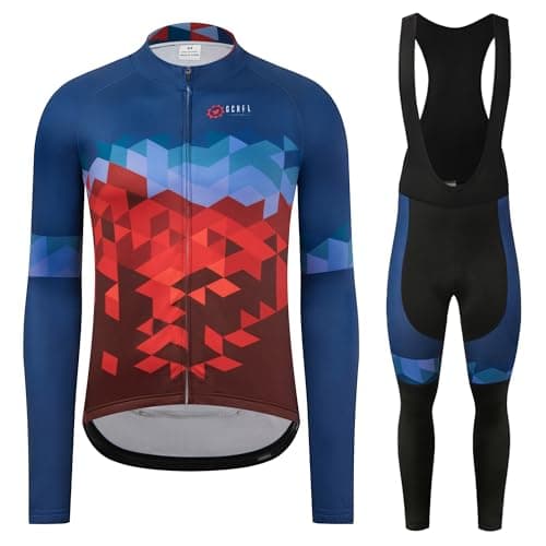 GCRFL Winter Cycling Jersey Sets Thermal Fleece Bike Jersey + Bib Pants, Long Sleeve Cycling Clothing Sets for Man (Blue Red, M)