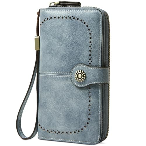 TFKGS Wallet for Women RFID Blocking Leather Large Capacity Credit Card Holder Ladies Phone Clutch Travel Long Wallets Purse Wristlet Blue