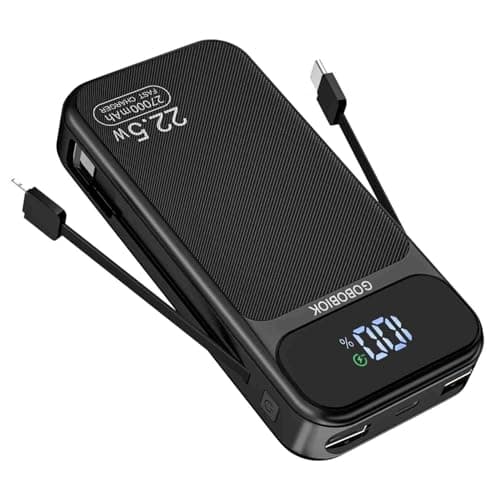 GOBOBIOK Power Bank 22.5W 27000mAh Portable Charger PD 3.0 & QC 3.0 Fast Charging Travel PowerBank with 2 Built in Cables LCD Display Phone Battery Pack for Smartphone Tablet etc