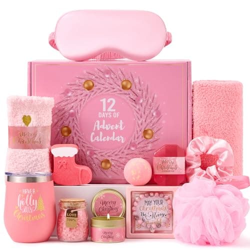12 Days Christmas Advent Calendar 2025 for Teen Girls, Pink Chrismtas Countdown Calendar for Adult Women with Holiday Tumbler Spa Relaxing Gifts Fuzzy Socks Christmas Gifts for Wife Sister Girlfriends