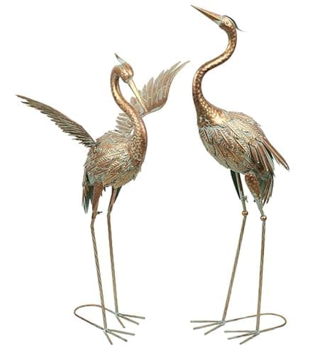 TERESA'S COLLECTIONS Yard Decorations Outdoor Garden Statues, Gold Metal Crane Yard Art, 33-39inch Lawn Ornaments for Backyard, Outside Porch, Patio, Wedding Decor, Set of 2, Christmas Decor