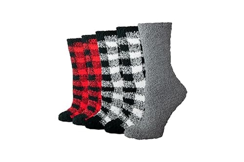 Amazon Essentials Women's Cozy Fuzzy Slipper Socks, Plush Sleep Socks, 5 Pairs, Red Multicolor, 5-11