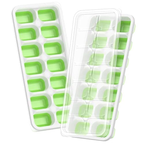 Ice Cube Tray with Lid, 2 Packs 28 Cubes Durable Stackable Ice Cube Trays for Freezer with Removable Lids, Easy-Release Plastic & Silicone Ice Tray for Cocktail, Coffee
