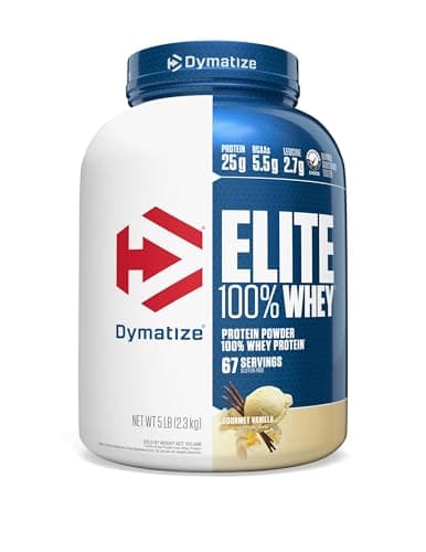 Dymatize Elite 100% Whey Protein Powder, 25g Protein, 5.5g BCAAs & 2.7g L-Leucine, Quick Absorbing & Fast Digesting for Optimal Muscle Recovery, Gourmet Vanilla, 5 Pound, 67 Servings