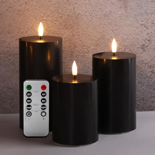 Girimax Black Flameless Pillar Candles with Remote, Flickering LED Wax Candles Battery Operated Set of 3