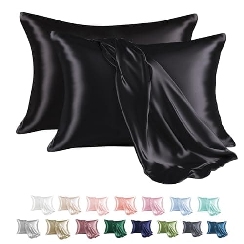 MR&HM Satin Pillowcase for Hair and Skin, Silk Satin Pillowcase 2 Pack, Queen Size Pillow Cases Set of 2, Silky Pillow Cover with Envelope Closure (20x30, Black)