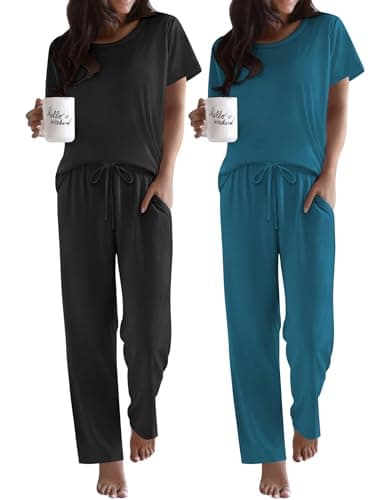 Ekouaer 2 Pack Pajamas for Women Set Short Sleeve Sleepwear Top and Pants Pjs Soft Printed Lounge Sets with Pockets Black/Blue Green Large