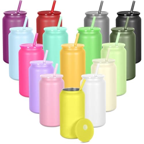 oaptuza 16oz Stainless Steel Can Tumblers, 16 Pack Insulated Beer Can Glass Cups with Lids and Straws, Iced Coffee Cup for Smoothie, Juice, Soda, Milk, Multiple colors