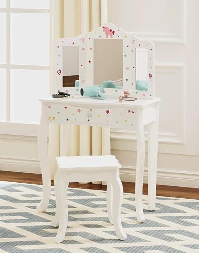 UTEX Kids Vanity Table and Chair Vanity Set with Mirror Makeup Dressing Table with Drawer, Play Vanity Set,White
