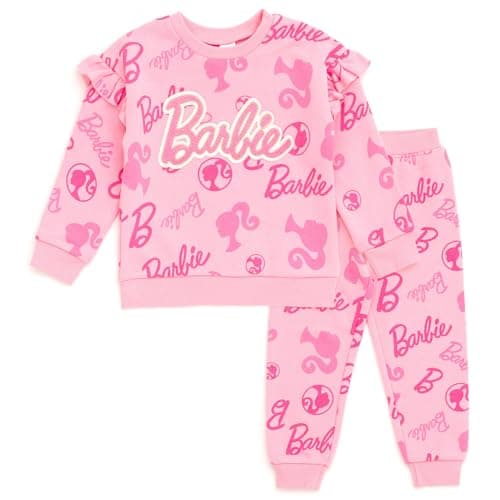 Barbie Little Girls Fleece Drop Shoulder Sweatshirt and Jogger Pants Outfit Set Logo Pink 6