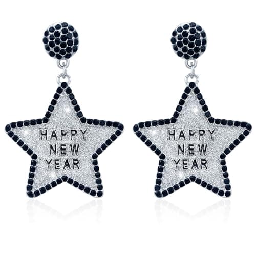 Happy New Year Earring for Women Glitter Bling Rhinestone Star Letter New Year Holiday Earrings Festive Party Jewelry Gifts (Happy new year 1 Silver)