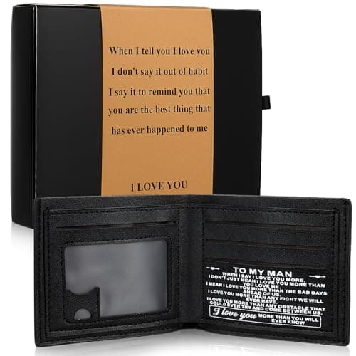 Kosiz Men's Leather Wallet Gift Box Set with Printed Words, Bifold Stylish Black Wallet for Men, Him, Husband, Boyfriends, Valentines, Father's Day, Christmas, Anniversary, Birthday Gift