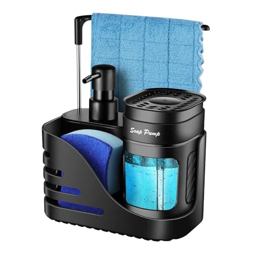 Kitchen Soap Dispenser Set, 4-in-1 Dual Hand and Dish Soap Dispenser with Sponge Holder and Dishcloth Holder for Kitchen Sink (Black)