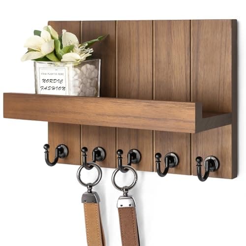 Rebee Vision Decorative Key Holder for Wall - Rustic Key Hooks with Shelf and Mail Organizer Wall Mount for Farmhouse Wall Decor Living Room - Home Essentials for New Home (Brown, 3.54" x 10" x 7.28")