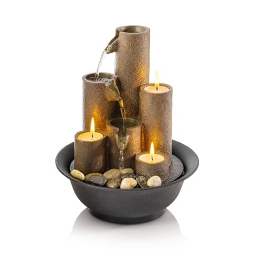 Alpine Corporation WCT202 Indoor Tabletop Tiered Water Fountain Featuring 3 Candles for Desktop and Table, 11", Brown