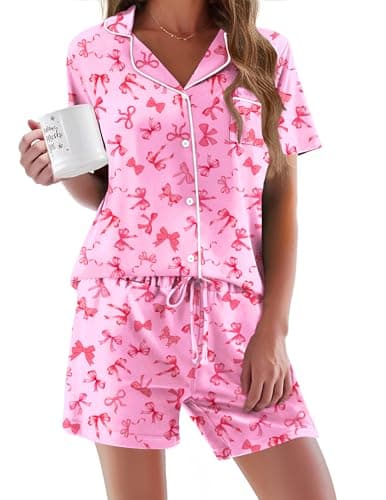 Ekouaer Pajama for Women Set Short Sleeve Sleepwear Button Down Pjs Soft 2 Piece Loungewear Pink Bow Print Medium