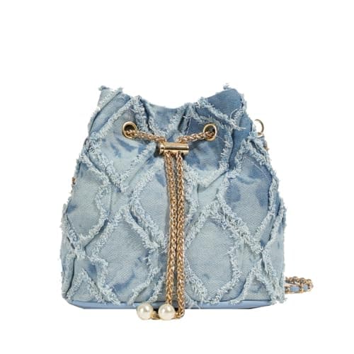 Extolove Denim Bucket Bag, Jean Purses for Women Denim Crossbody Bags Hobo Bag Drawstring Handbag (Blue)