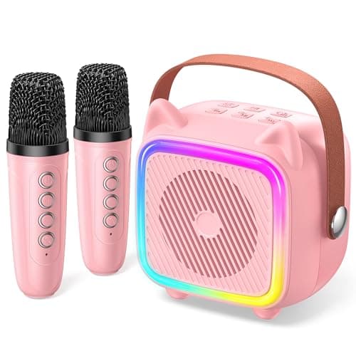 SXH Mini Karaoke Machine for Kids Portable Karaoke Machine with 2 Bluetooth Wireless Microphones and Light Include 64GB-TFcard Toys Gifts for 3-14 Years Old Girls Boys (Pink 2 Mics)