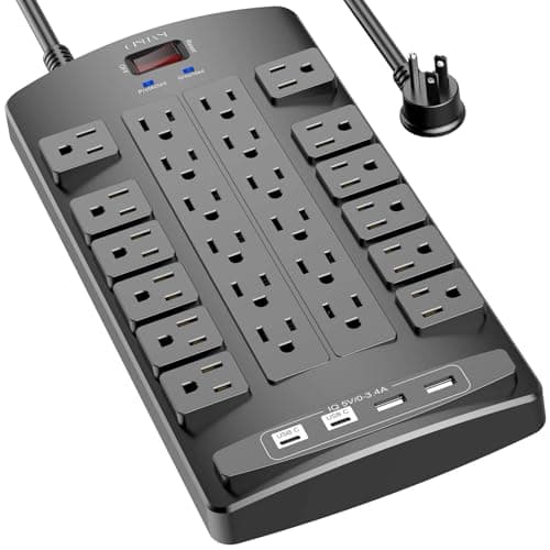 QINLIANF Surge Protector Power Strip - 6Ft Flat Plug Heavy Duty Extension Cord with 24 Outlets and 4 USB Ports(2 USB-C Ports), 1875W/15A, 4100J, for Home, Office, Dorm, ETL Listed, Black