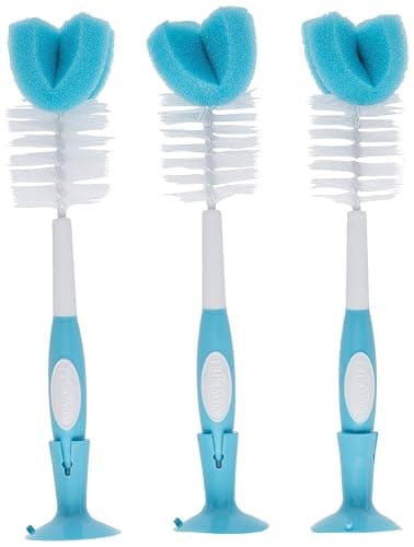 Dr. Brown's Reusable Sponge Baby Bottle Cleaning Brush with Suction Cup Stand, Scrubber and Nipple Cleaner, Blue, 3-Pack