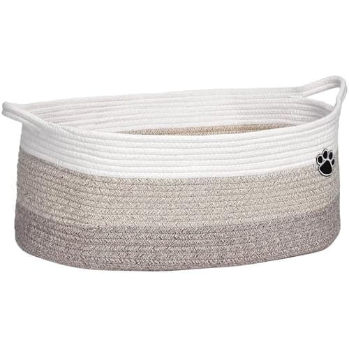 Optish Dog Toy Basket, Toy Box and Bin for Dog Cat Storage, 19.7" X 11" X 7.9" (30L) Large Woven Rope Basket for Blanket Storage, Living Room, Bedroom, White & Brown