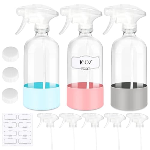 ZENOWICK 3 Pack/16 Oz Glass Spray Bottles, Refillable Empty Containers with Silicone Sleeve, Upgraded Adjustable Nozzle Spray Bottle Sets for Cleaning, Essential Oils, Hair