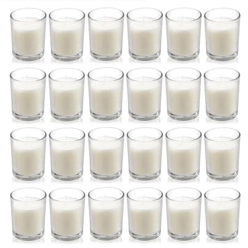 Housecret 24 Pack Warm White Unscented Clear Glass Filled Votive Candles. Hand Poured Wax Candle Ideal Gifts for Aromatherapy Spa Weddings Birthdays Holidays Party