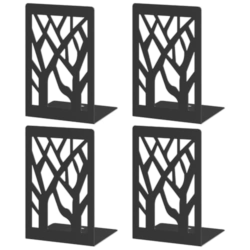 VFINE Bookends 4 Pieces, Modern Metal Bookends for Shelves, Black Tree Book Ends for Books, Decorative Book Organizer for Desk, Non-Skid Shelve Bookends for Home Office