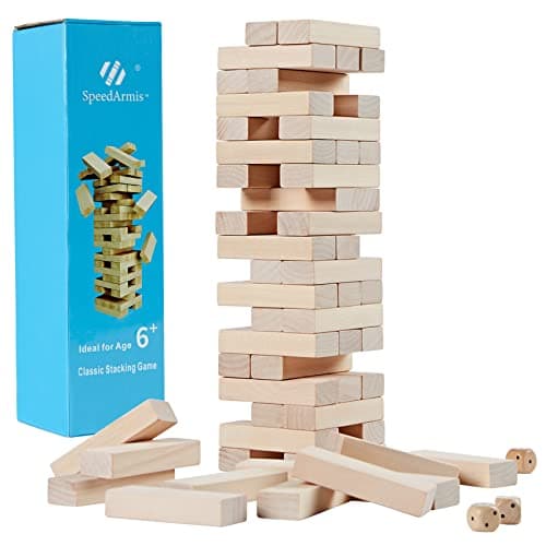 SpeedArmis Mini Tumble Tower, 54PCS Wooden Stacking Game for Kids Teens - Pine Stack Timber Board Game with 4 Dice Set - Classic ‌Xmas Gifts for Kids