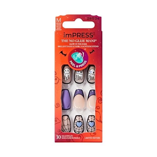 KISS imPRESS Halloween Press On Nails, ‘Party Startled’, Purple, Medium Coffin, Matte Finish, No Glue, Glow-In-The-Dark, Includes Prep Pad, Mini Nail File, Manicure Stick & 30 Fake Nails