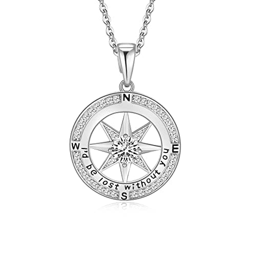 Gift for Wife Anniversary Compass Necklace for Women Birthday Jewelry For Her Girlfriend Valentines Day Mothers Day Gifts For Mom Christmas Wedding Gifts for Her Anniversary White Gold I'd Be Lost Without You Gifts for Her Birthday Diamond Necklaces