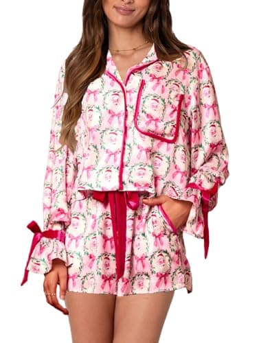 Faretumiya Women 2 Piece Christmas Pajamas Set Bow Tie Pink Claus Print Long Sleeve Shirt Ruffle Shorts Colorful Print Pjs Sets Sleepwear（pocket pink ，Small）